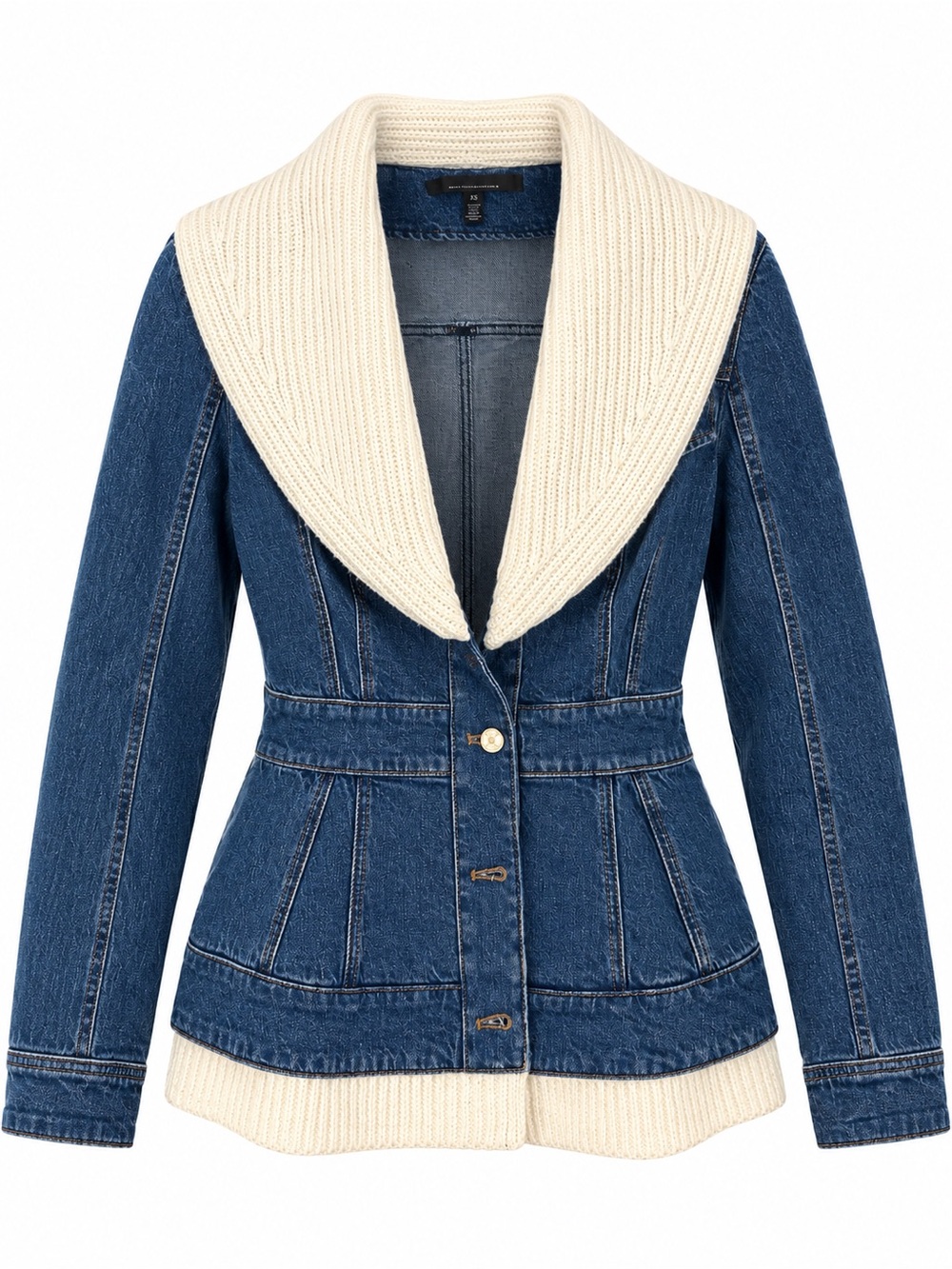 White House Black Market Blue Denim Jacket with Cream Shawl Collar